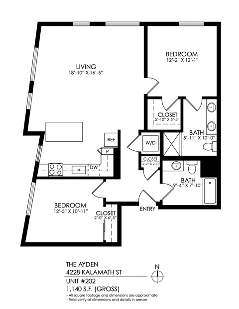 Floor plan for 2 beds, 2 baths, 1225 sqft